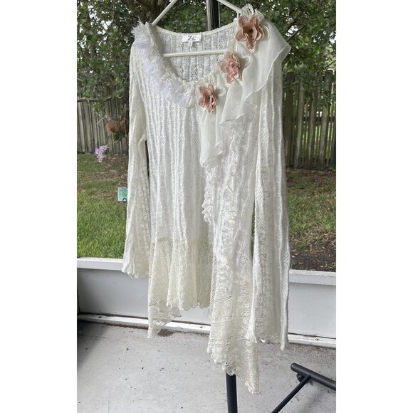 Zba Sz M Y2K white sweater bell sleeve soft girl ballet flower applique pastel - Picture 9 of 10